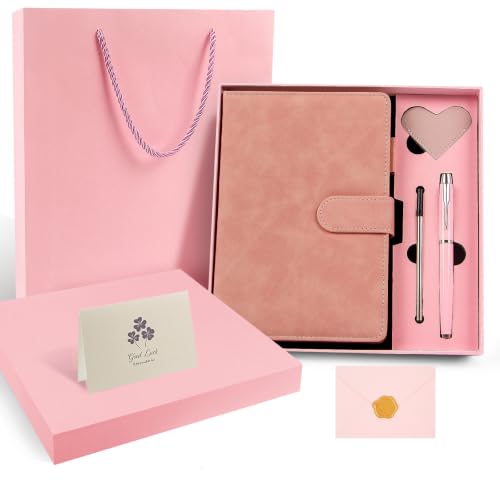 A5 Leather Journal for Women Men, Hardcover Notebook Set with Pen, Pink - color: Pink