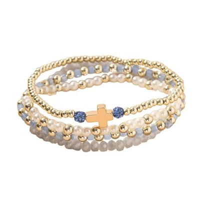 Colorful Cross Charm Bracelets for Women Men Adjustable Gold Plated Beaded Bracelet Boho Bead Ball Stretch Bracelet Birthday Summer Beach Jewelry - color: Sky Blue