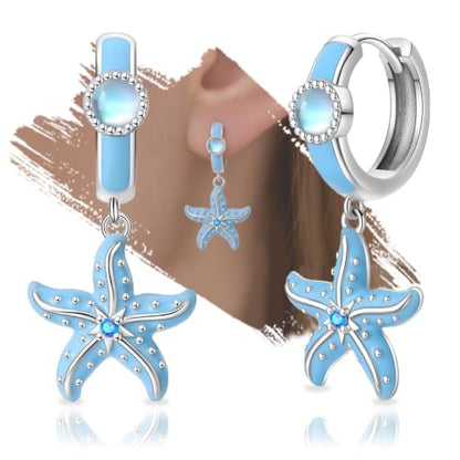 925 Sterling Silver Cute Animal Unique Huggie Hoop Earrings for Women - color: Blue Starfish