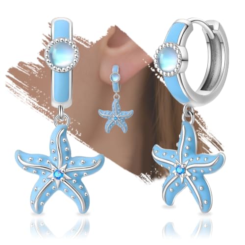 925 Sterling Silver Cute Animal Unique Huggie Hoop Earrings for Women - color: Blue Starfish