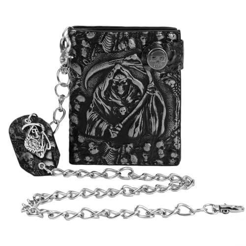 ZEKEE Skull Gothic Chain Wallet Leather Punk Bifold Halloween Goth Accessories Unisex (Reaper's Clutch Silver) - style: Reaper's Clutch Silver