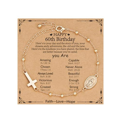 Gnamy Happy 13th 15th 16th 21th 30th 40th 50th Birthday Bracelet Gifts for Women Girls, 14k Gold Plated Virgin Mary Cross Bracelet Catholic Religious Friendship Jewelry for Her - style: 60th Birthday