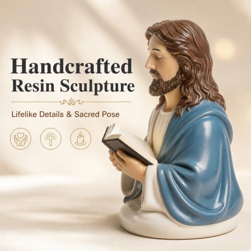 Jesus Reading Bible Statue with Warm LED Light, Christian Religious Figurine for Home, Bedroom, Prayer Room and Church Decor, Faith-Inspired Gift for Women and Men, Batteries Not Included - color: Blue