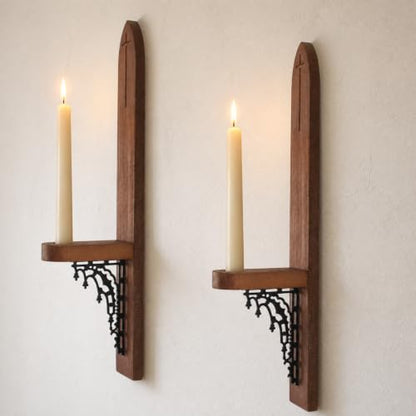Gothic Wall Sconces, Wooden Wall Candle Holders, Brown, Set of 2