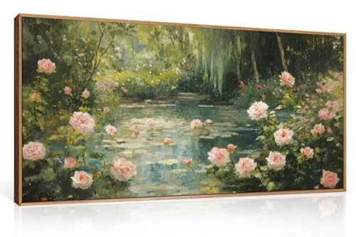 Aryroi Monet Garden Water Lilies Framed Canvas Wall Art Set, Impressionist Pond Pink Floral Wall Decor, Vintage Sage Green Oil Vibrant Flower Botanical Artwork for Living Room, Farmhouse- 40"x20"x1 - color: Monet Rose Garden Wall Art, size: 40"L x 20"W
