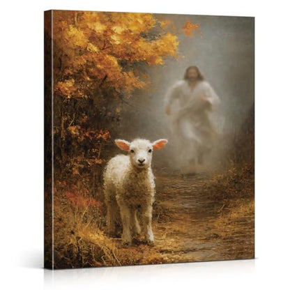 Christian Religious Wall Art Jesus Lost Lamb Prayer Canvas Print Framed - color: color-V