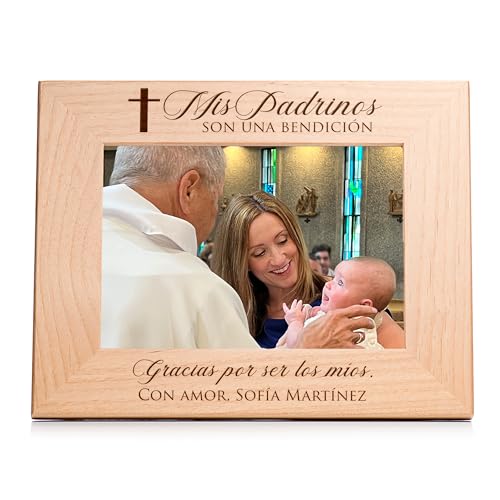 Lifetime Creations Marco de Foto Personalizado para Padrinos – Regalo para Padrino y Madrina, Propuesta de Padrinos de Bautizo Grabado en Madera, Recuerdo Personalizado (Foto 5x7 Horizontal) - color: Personalizado - Padrinos (en Español), size: 5" x 7" La