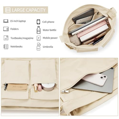 KALIDI Canvas Tote Bag Zipper Large Crossbody Shoulder Bag Messenger Bag - color: Upgraded Beige