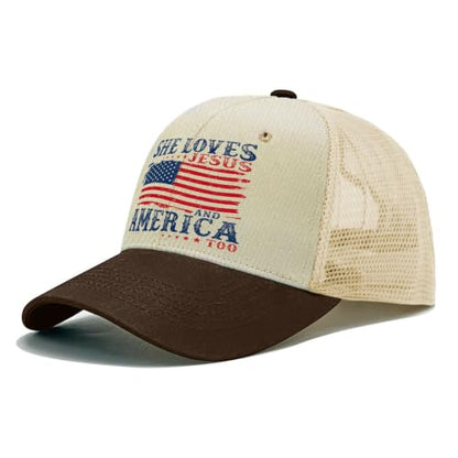 She Loves Jesus and America Too Hats for Womens Soft Washed Distressed Baseball - color: She Loves Jesus and America Toooff-white With Brown Eaves3