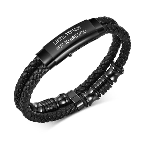 Men's Cross Bracelet Handsome Inspirational Quote Bible Verse Engraved Black Braided Leather Bracelets for Men Religious Jewelry Christmas Baptism Confirmation Christian Gifts for Son Husband Man - style: 11: Life is tough but so are you