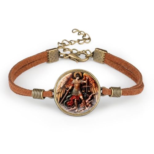 2 Pcs Archangel Saint Michael Leather Bracelet Set - Zinc Alloy Crystal Glass Pendant, Lucky Protection Jewelry, Adjustable Chain, Vintage Style