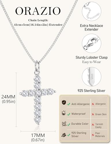 ORAZIO Cross Necklace for Women, Sterling Silver Cross Pendant - color: Silver Plated-Box-CZ