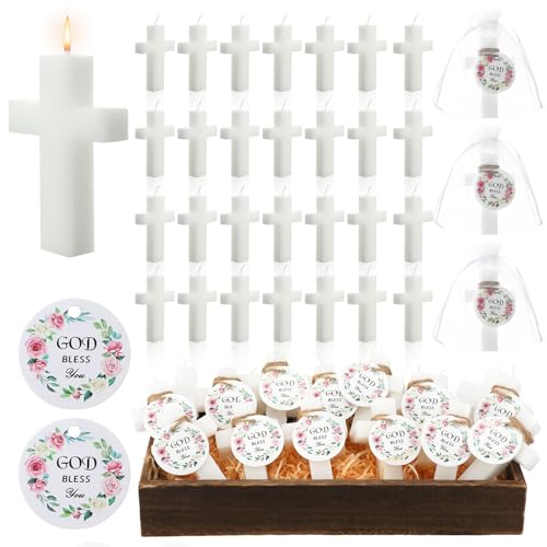 MTLEE 36 Set Baptism Favor Candles Cross Candles Baby Shower Favors Religious Holy Communion Christening Gifts for Christian Guests Party Wedding Birthday(Eucalyptus Flower Tag) - style: Eucalyptus Flower Tag