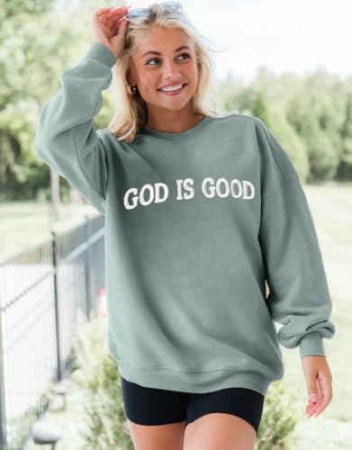 Womens God Is Good Christian Sweatshirt Oversized Crewneck Fleece Pullover - color: Sage Green, size: Large