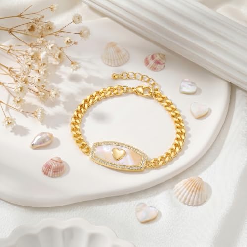 LETFLY Natural Shell Bracelets for Women, 14K Gold Plated Butterfly/Lips/Cross/Heart Charm Adjustable Cubic Zirconia Cuban Link Chain, Dainty Trendy Handmade Jewelry Gifts - style: Style E