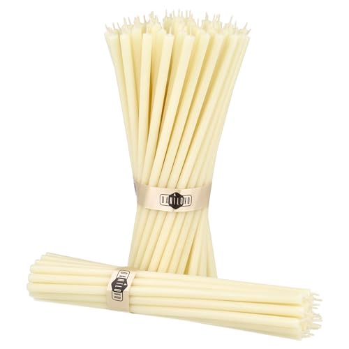 Danilovo Thin Taper Beeswax Candles - Honey-Scented, Decorative Candles Ideal for Birthday Decoration or Church Prayers - White Drip Free, Tall & Smokeless Pack of 50 pcs, 7.3 x 0.24 inch - color: White
