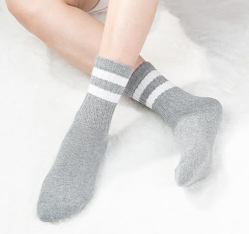 BomKinta Womens Striped Crew Socks Retro Above Ankle Cotton Sock Size 5-10 - color: 3 Pairs-black White Grey