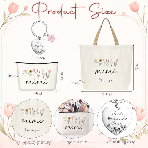 Kinlop 5 Pcs Mimi Gift Set for Women Canvas Tote Bag Notebook Keychain Pen - color: Pink, style: Mimi