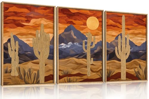 HPNIUB Mountains Desert Framed Canvas Wall Art Set, Abstract Sun Art Prints, Modern Cactus Paintings Artwork, Mid Century Southwestern Landscape Wall Decor for Living Room, Bedroom, Office-24 x36 x3 - color: Abstract Cactus Wall Art, size: 24"L x 36"W