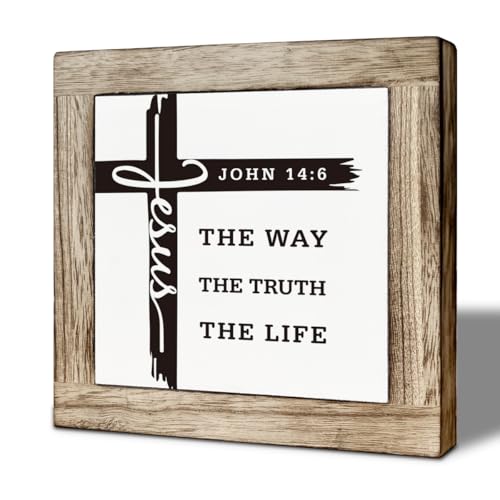 Christian Wooden Desk Decor Sign, Jesus The Way The Truth The Life, Farmhouse Bible Verse John 14:6 Tabletop Sign, Inspirational Religious Faith Decor for Home Office 5.9x5.9 Inches - color: color12