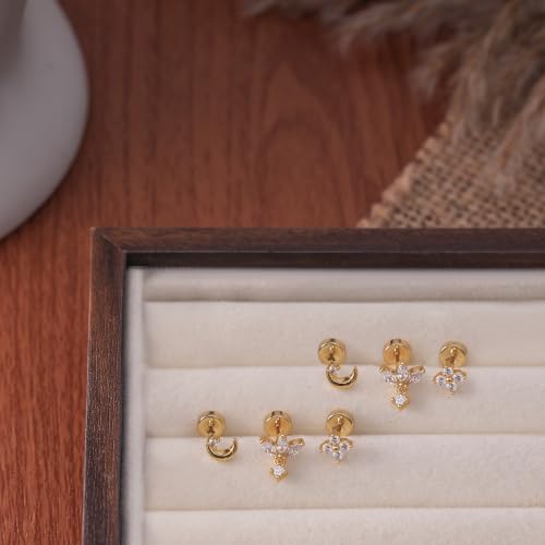 Flat Back Earrings - 14K Gold Plated Tiny CZ Butterfly Cross Moon Flat Back Stud Earrings Dainty Cartilage Earring Set Hypoallergenic Helix Earrings for Women Trendy Tragus Piercing Jewelry - color: Gold-Set3