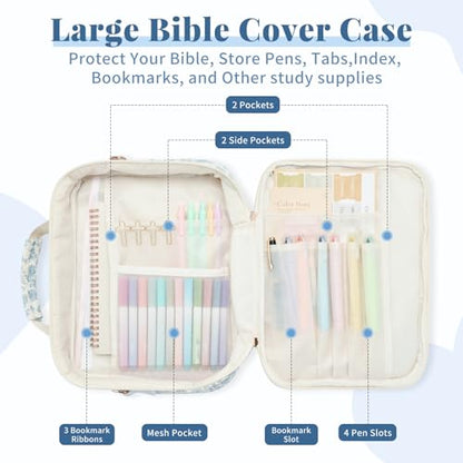 Personalized Initial Bible Cover Case for Women Bible Bag w/Study Supplies - color: Blue Flower, size: P