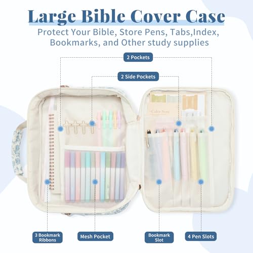 Personalized Initial Bible Cover Case for Women Bible Bag w/Study Supplies - color: Blue Flower, size: K