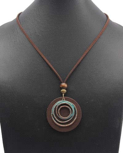 Leather Necklace for Women Long Boho Pendant Hippie Choker Necklace Bohemian Layered Leather Rope Wooden Jewelry Gifts - style: Wooded Pendant