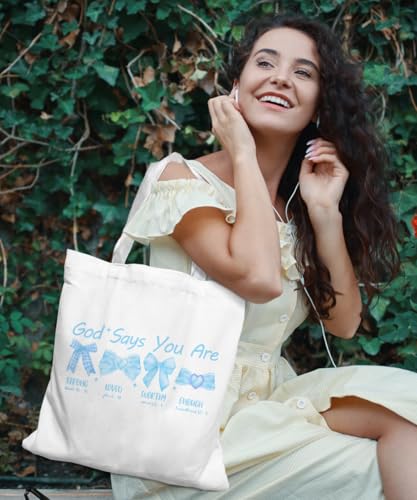 Coquette Bow Bible Canvas Tote Bag for Women Teens Teen Girls, Pink Bow Girls Tote Bag, Coquette Gifts - color: Blue Christian Bow