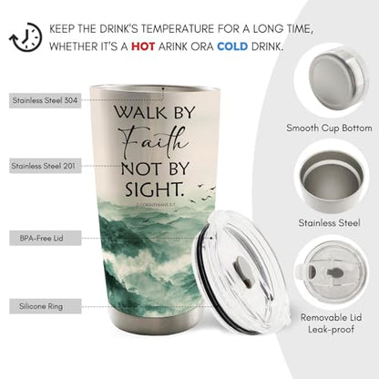 Christian Mountain Landscape 20oz Travel Coffee Mug Tumbler, Christian Gifts for Women Men, Walk By Faith Not By Sight Bible Verse Religious Stainless Steel Tumbler with Lid and Straw - color: faith