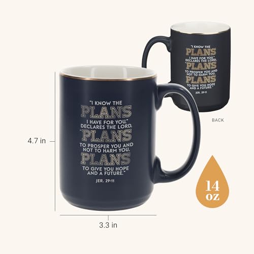 Christian Art Gifts Large Ceramic Coffee Mug for Men, Women & Grads - color: Know the Plans/Dark Navy & Gold