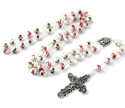 HanlinCC Catholic Rosary Pink Ceramic Flower Beads for Women with Gift Box