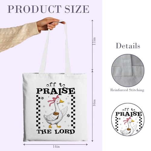 Chicimln Christian Goose Tote Bag, off to Praise the Lord Bible Verse Canvas Tote Bags - color: White 09