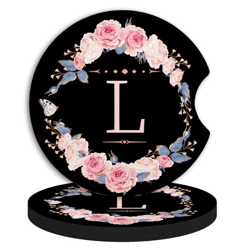 2pcs Letter L Car Coasters,Absorbent Universal neoprener Cup Holder Coasters with a Finger Notch,Car Accessories for Women&Man Interior，2.75" - color: L