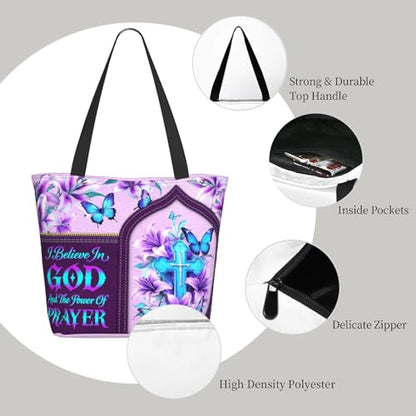 Bible Tote Bags for Women Christian Tote Bag Church Shoulder Bag Inspirational Bags With Zipper Christian Gift - color: I Believe in God