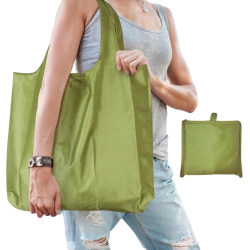 Large 50lbs Heavy Duty Reusable Foldable Grocery and Shopping Tote Bags - Washable Polyester Bags in Pocket - color: Green