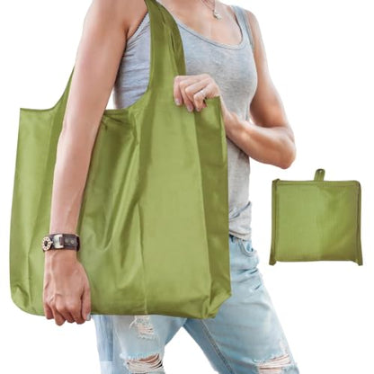Large 50lbs Heavy Duty Reusable Foldable Grocery and Shopping Tote Bags - Washable Polyester Bags in Pocket - color: Green