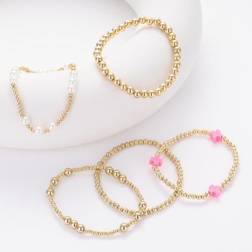 Gold Beaded Pearl Cross Bracelets Stackable Christian Stretch Jewelry Set - color: Hot Pink