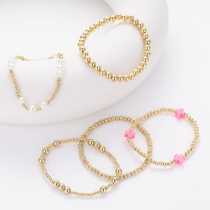 Gold Beaded Pearl Cross Bracelets Stackable Christian Stretch Jewelry Set - color: Hot Pink