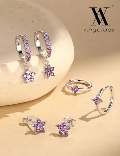 Angelady Gold Hoop Earrings Set for Women, Dainty 14K Gold Plated Flower Moon Cross Dangle Earrings, Hypoallergenic Huggie Hoop Earring Stacks, Stud Earrings for Women Trendy Jewelry Gift - color: Silver Purple CZ