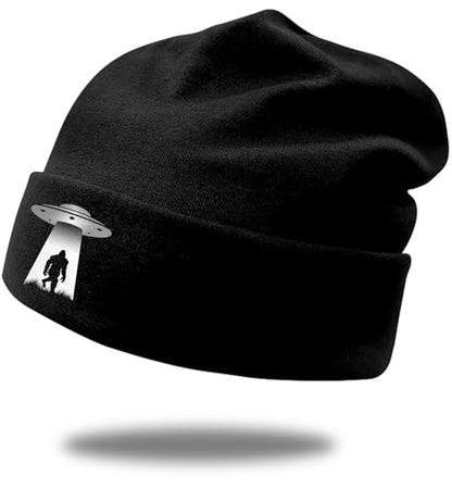 Black Flexible Classic Adult Beanie Cap for Men Women - Warm Knitted Hat for Winter, Chemo Cap Headwear - color: Ufo
