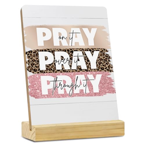 Pray Quote Desk Decor Rustic Plaque with Wood Stand, Colorful Leopard Print Pray on It Christian Decor, Decorative Wood Sign for Home Office Shelf Decor - color: PRAY