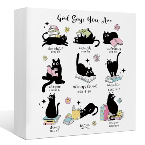 EIONEY Cute Black Cat Office Desk Decor,God Says You Are Wooden Box Sign