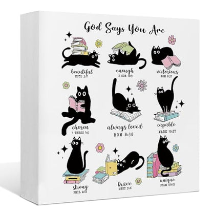 EIONEY Cute Black Cat Office Desk Decor,God Says You Are Wooden Box Sign