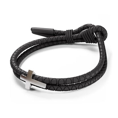 Rowdy Parrot FlexTech Adjustable Silicone Braided Rope Bracelet for Men - Waterproof, Sweatproof, One Size Fits All - Featuring Religious Christian Jesus Cross Design - color: Black Sand | Tarpon Silver
