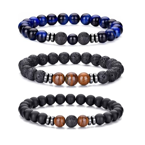 RANKEEF Tiger Eye Bracelet For Men 8MM Natural Stone Stretch Adjustable Black Crystal Beaded Bracelet for Men Women Gifts - color: 3,blue,tiger eye