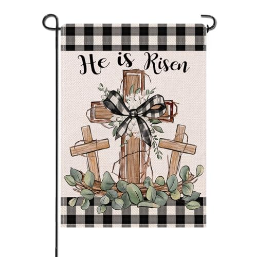 Artofy Christian Easter Cross Small Decorative Garden Flag, Religious He is - color: Black He is Risen, size: 12" x 18"