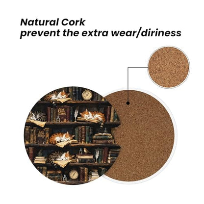 Cat Library Bookshelf Car Cup Holder Coasters 2 Pack 2.63" for Women - color: Beige