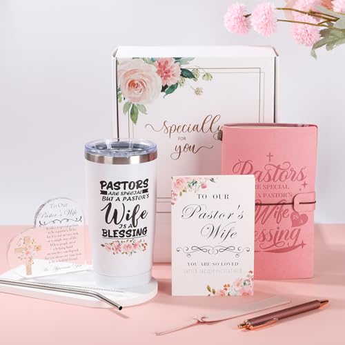 Gifts for Pastor Wife, Pastors Wife Appreciation Gifts 7pcs Set, 20oz Tumbler Leather Journal Cards Signs Pen Bookmark for Christian Christmas Birthday Retirement Anniversary - style: Pastor Wife