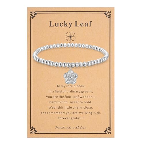 morniface Beaded Bracelet for Women, Handmade Stretch Bracelet with Charms, Dainty Stackable and Trendy Jewelry Gift - style: Silver Beaded-lucky clover